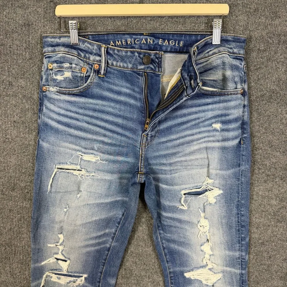 American Eagle Men's Slim Straight Jeans Airflex+ 34x28 Distressed Ripped Blue